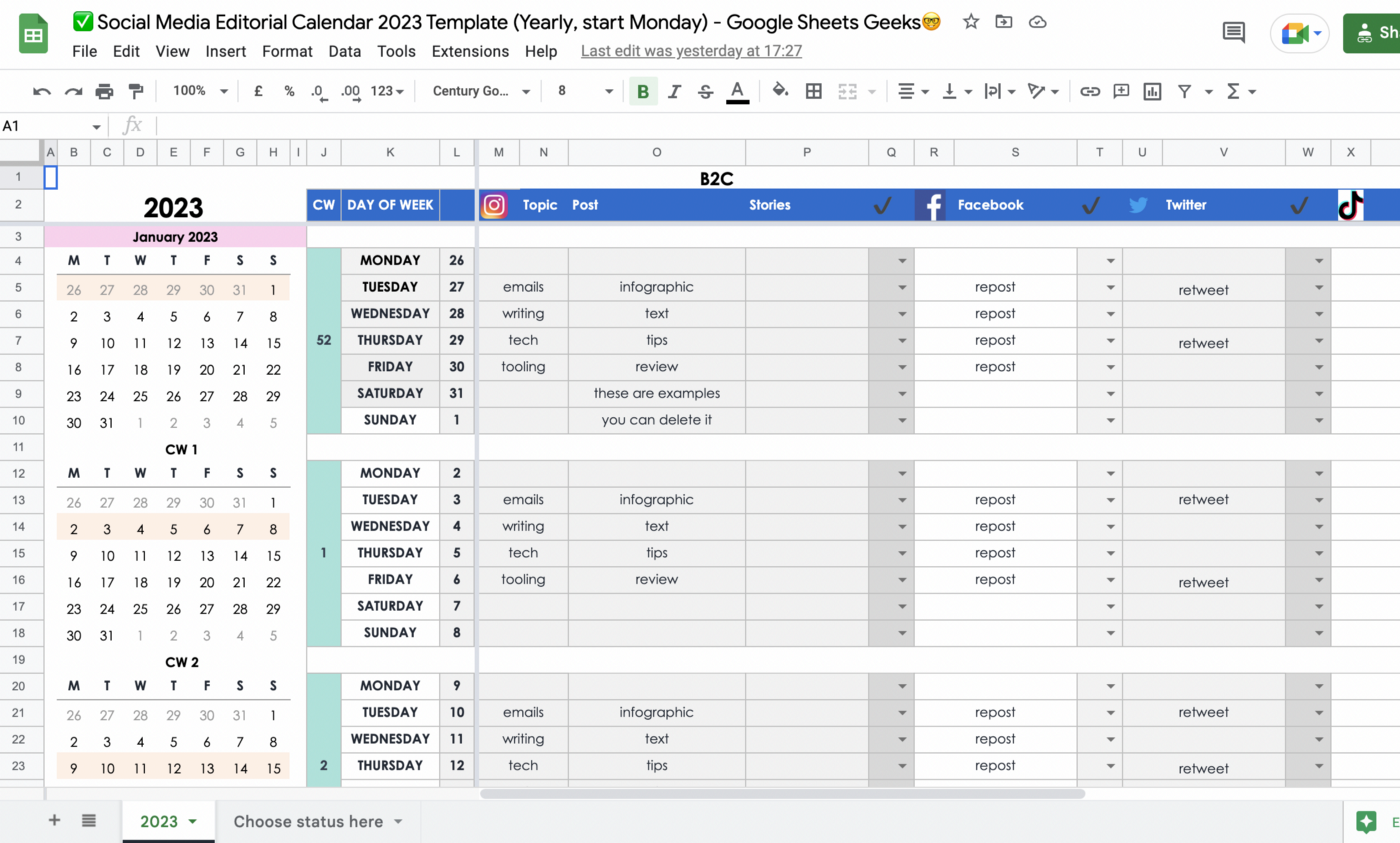 Content calendar example Google Sheets