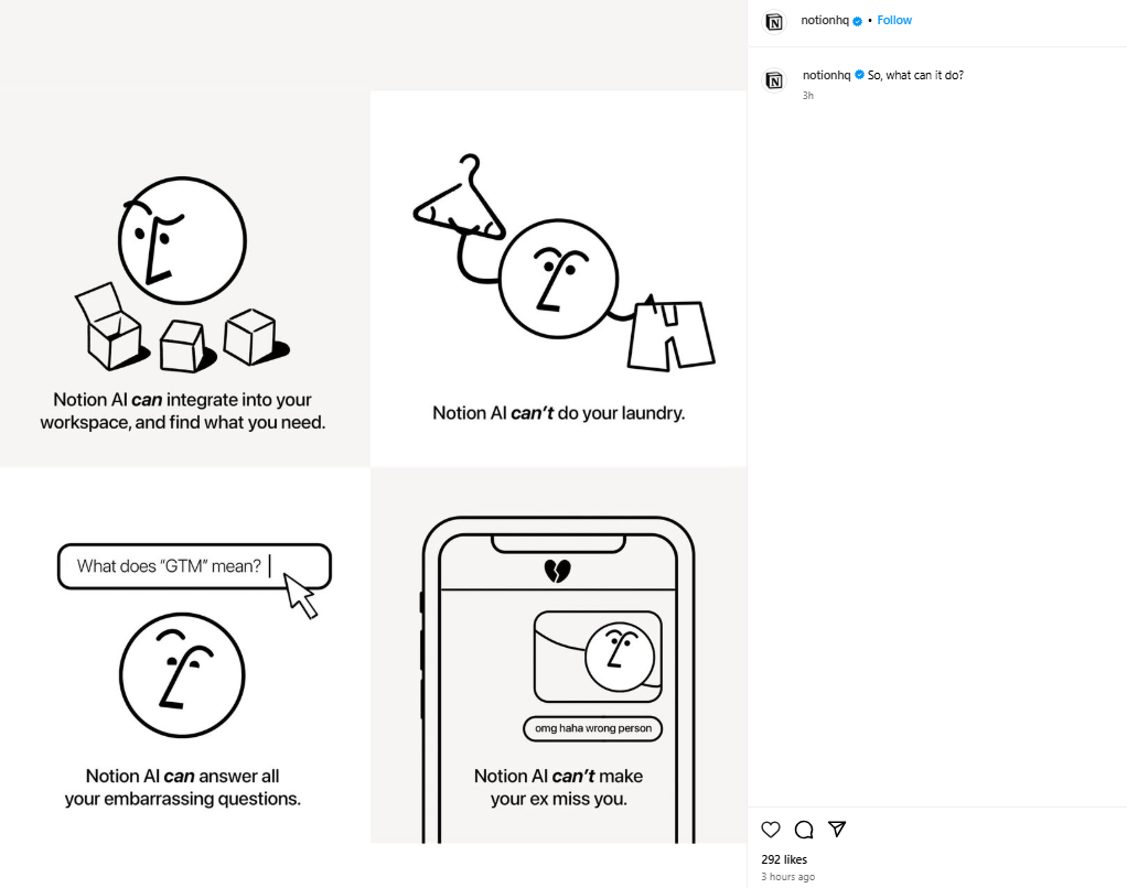Screenshot of a fun post from Notion’s Instagram account.